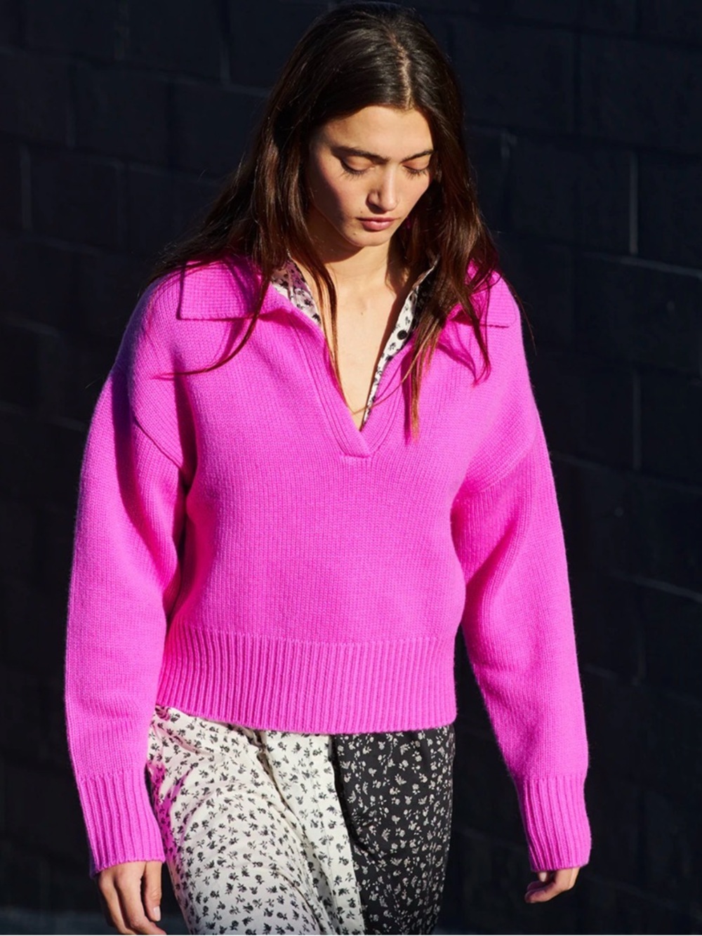Stateside Cozy Cashmere Blend Johnny Collar Sweater in Electric Pink Size S
